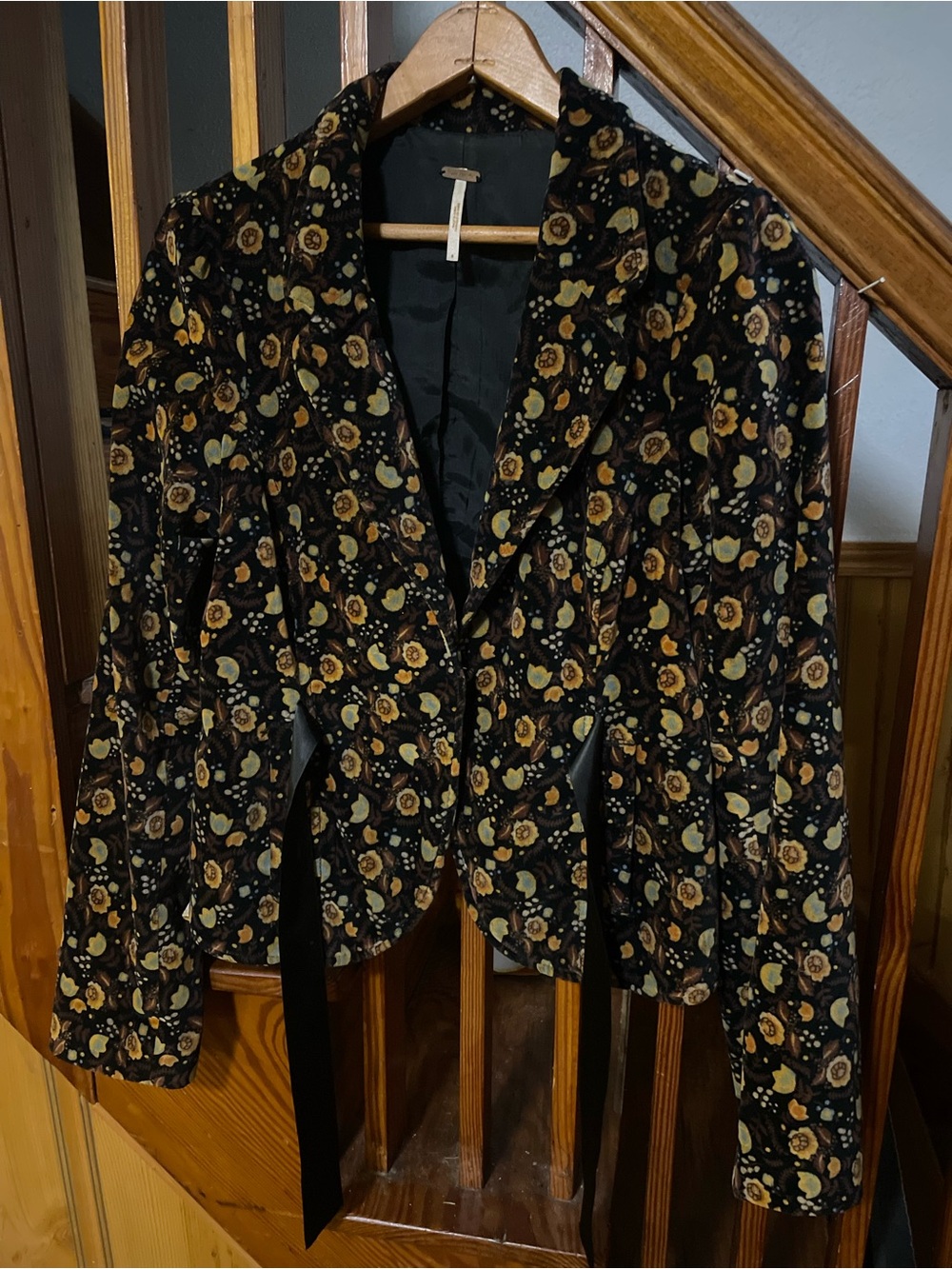 Free People Black Floral Velvet Blazer Jacket with Satin Ribbon Tie Women’s S
